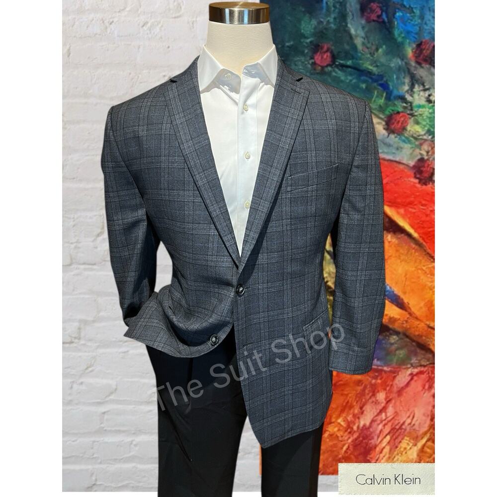 Calvin Klein Mens 48R Blue Gray Plaid Casual Blazer Sport Coat Jacket